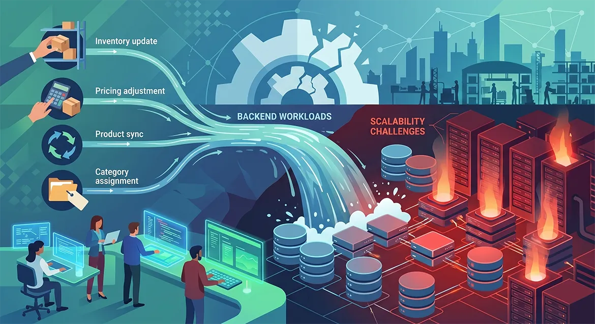 Large catalog performance illustration showing Magento backend processing and infrastructure scalability challenges.