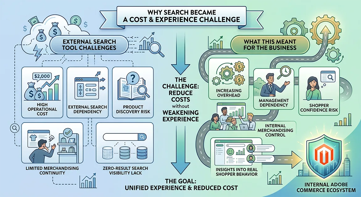 Adobe Commerce search migration diagram showing product discovery, cost savings, and merchandising control.