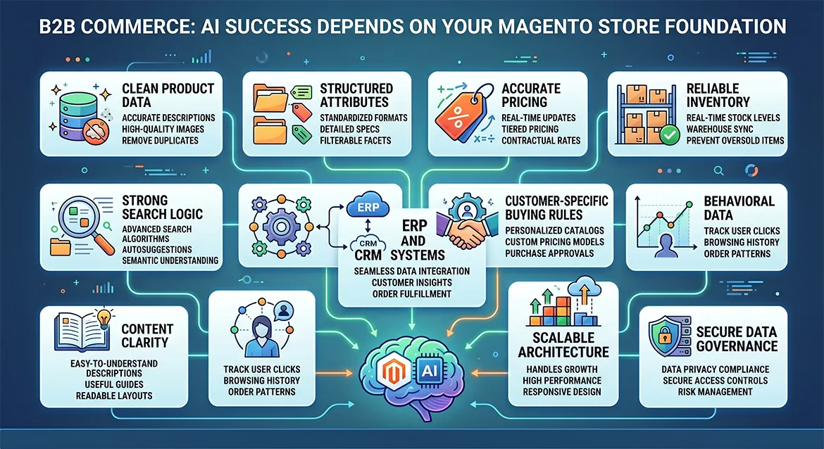 AI readiness for B2B Magento eCommerce with clean product data, structured attributes, accurate pricing, reliable inventory, ERP CRM integration, and scalable Adobe Commerce architecture.