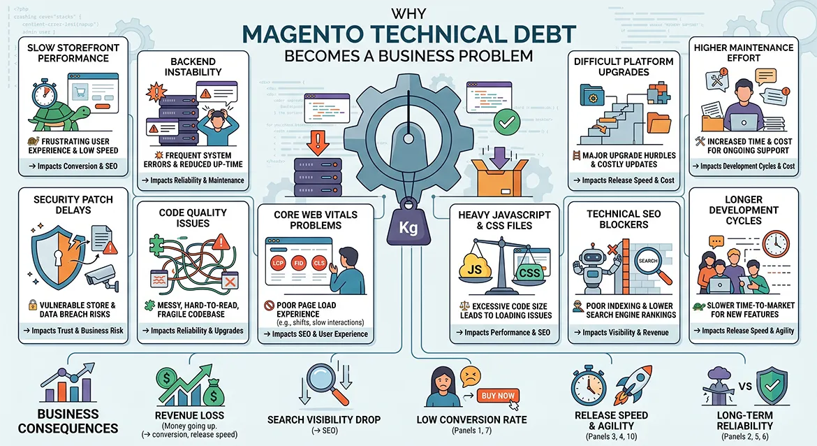 Magento technical debt diagram showing performance, security, SEO, and upgrade challenges