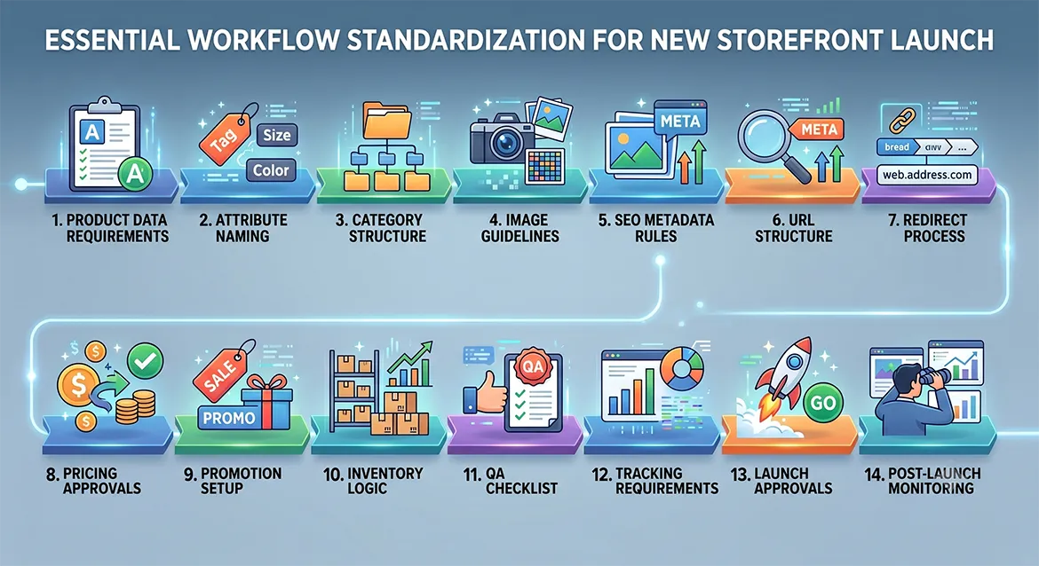 Adobe Commerce storefront launch process from product data and SEO to QA and monitoring